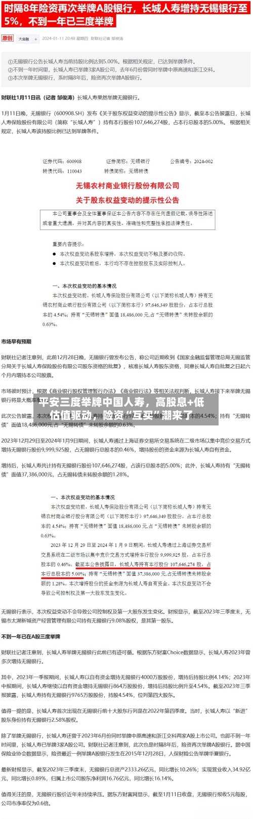 平安三度举牌中国人寿，高股息+低估值驱动，险资“互买”潮来了